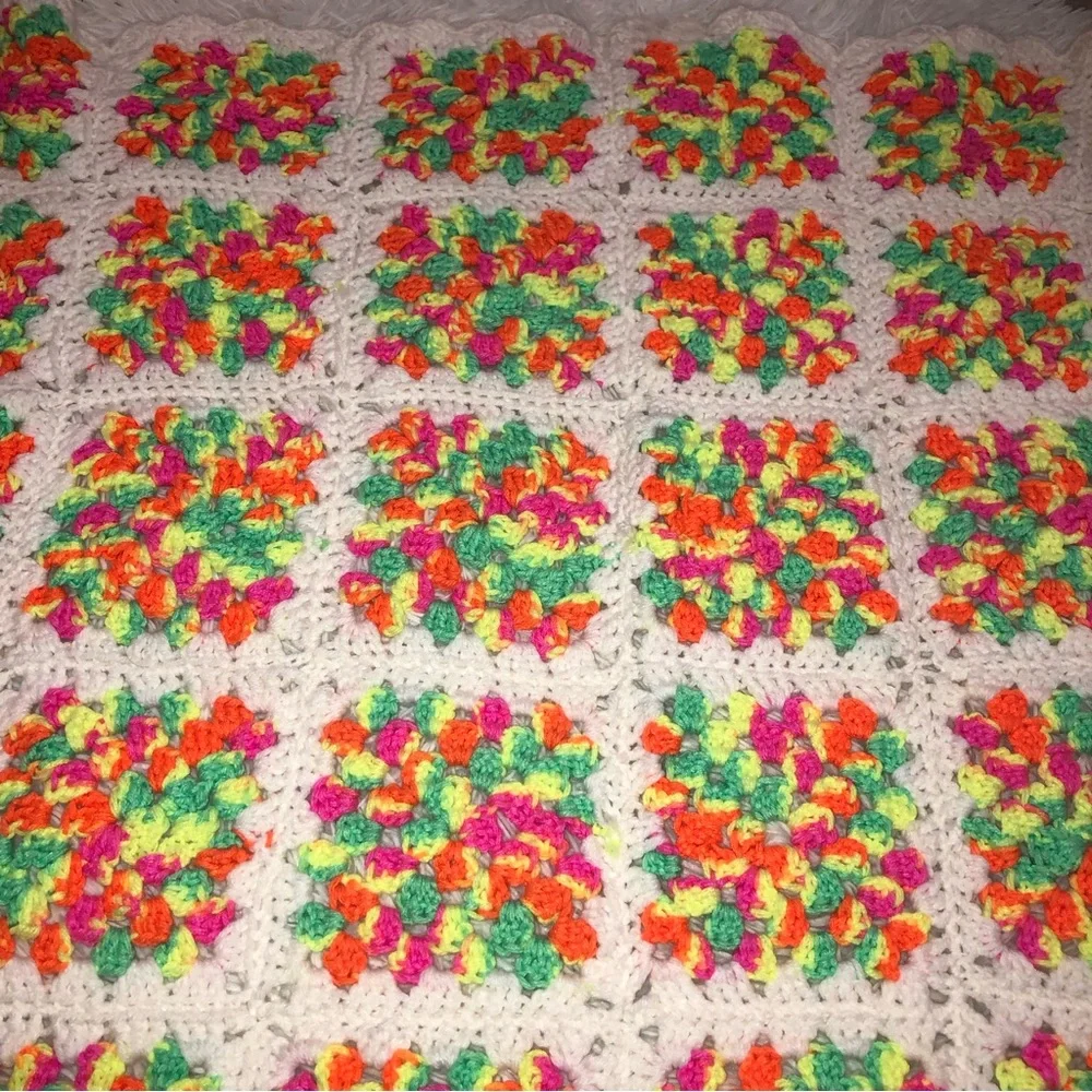 Handmade Crochet Blanket Granny Squares Bright Multi Color Blanket 35” x 34”
